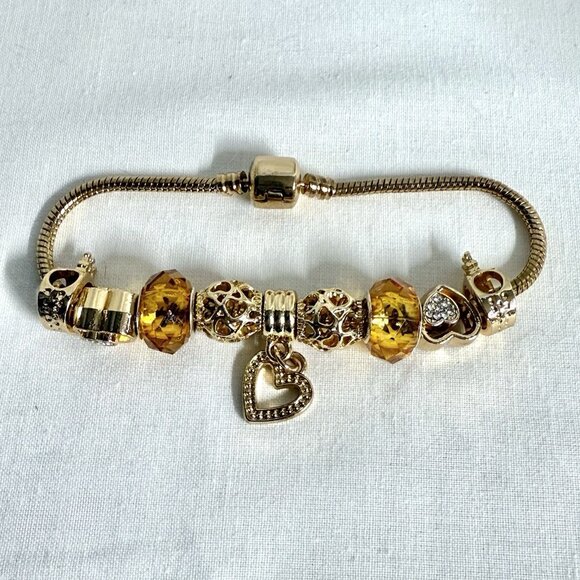 Gold-Tone Slide Charm Bracelet with Amber Crystal & Heart Charms - Picture 3 of 8